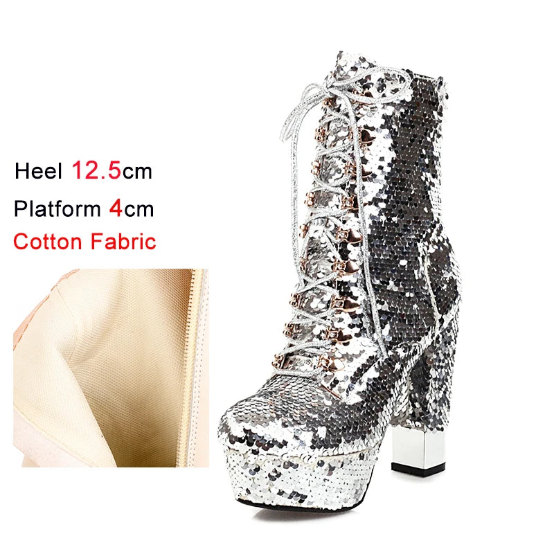 Golden Short Boots Women Platform Heels Glitter Bling Round Side Zip Block Heel Shoes Gold Silver Green Size 34-43 Botas Mujer