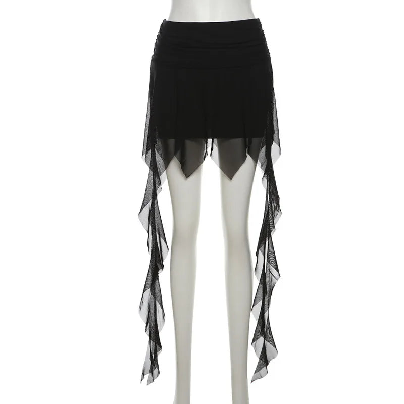 Goth Dark 2000S Aesthetic Irregular Hem Short Skirt Gothic Fashion High Waist Slim A-Line Skirts E-girl Streetwear Mesh Bottoms
