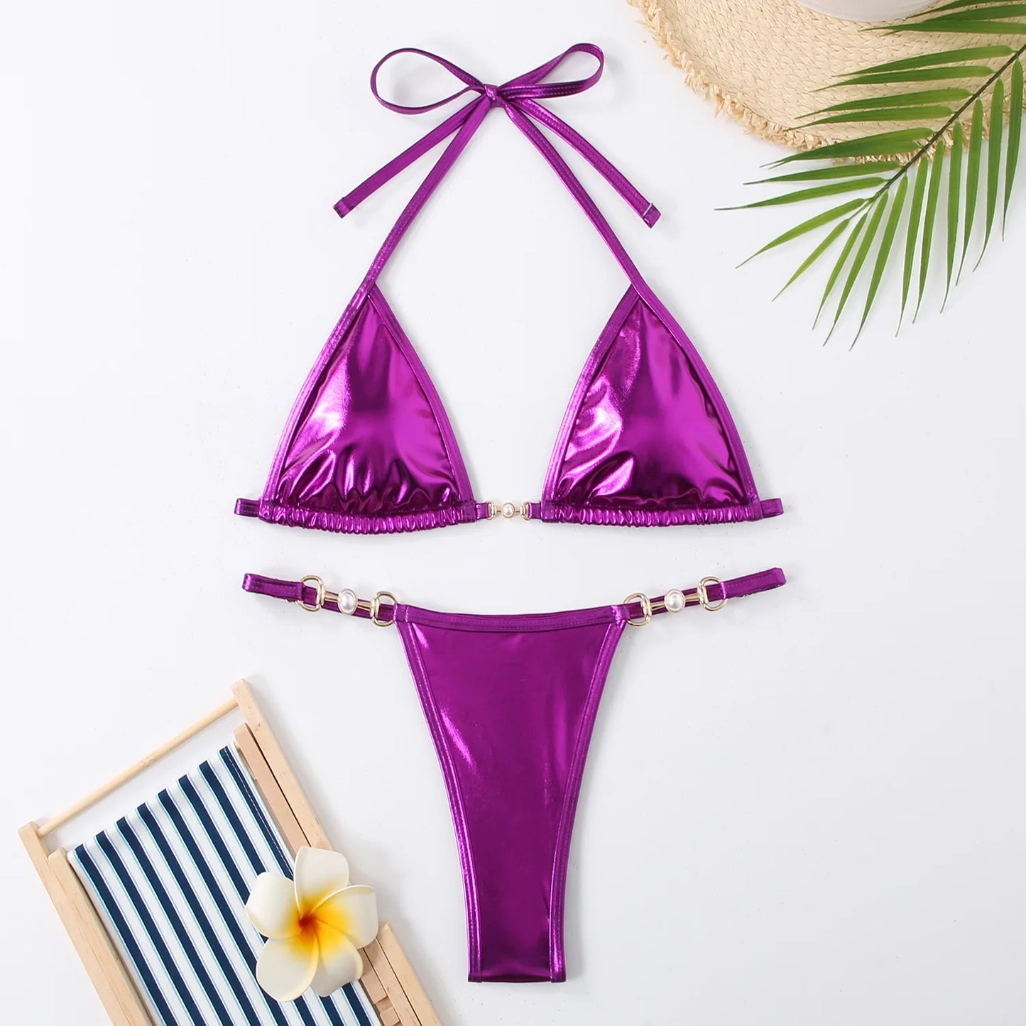 Metallic Halter Triangle Bikinis Sets Thong Swimsuit