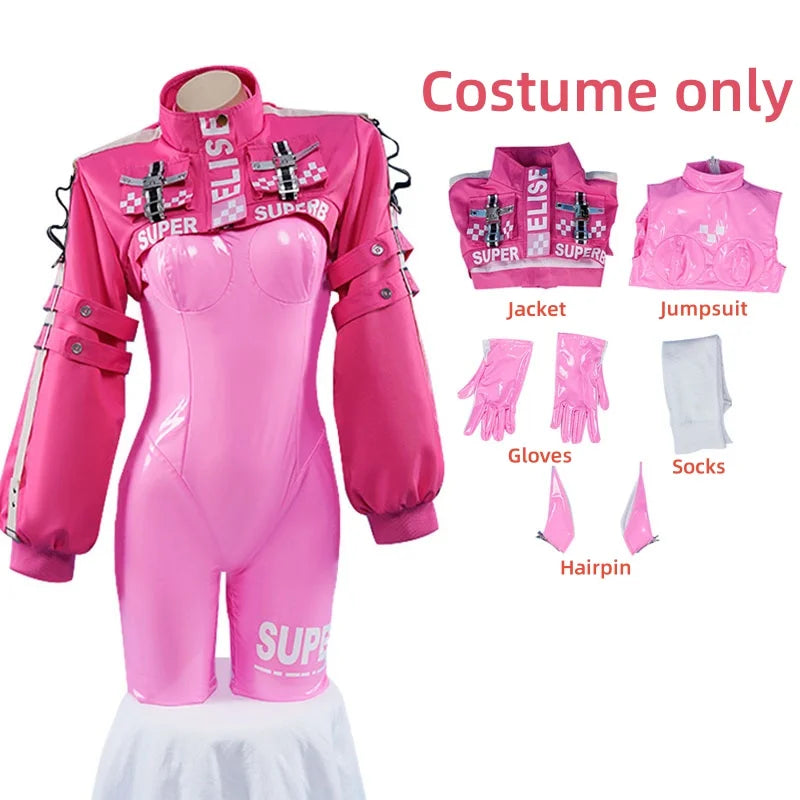 Women’s Nikki Alice Cosplay Costume Bodysuit with Ear Gloves Wig Cosplay Latex Cat suit Jumpsuit Jacket Suit