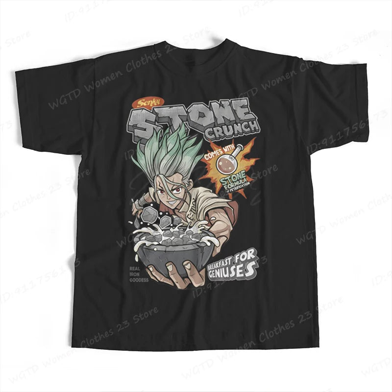 Anime Dr Stone Print T-shirts For Women/Men Summer Round Neck Solid Color Tee Shirts Fashion Casual Popular Oversized Tee Shirts