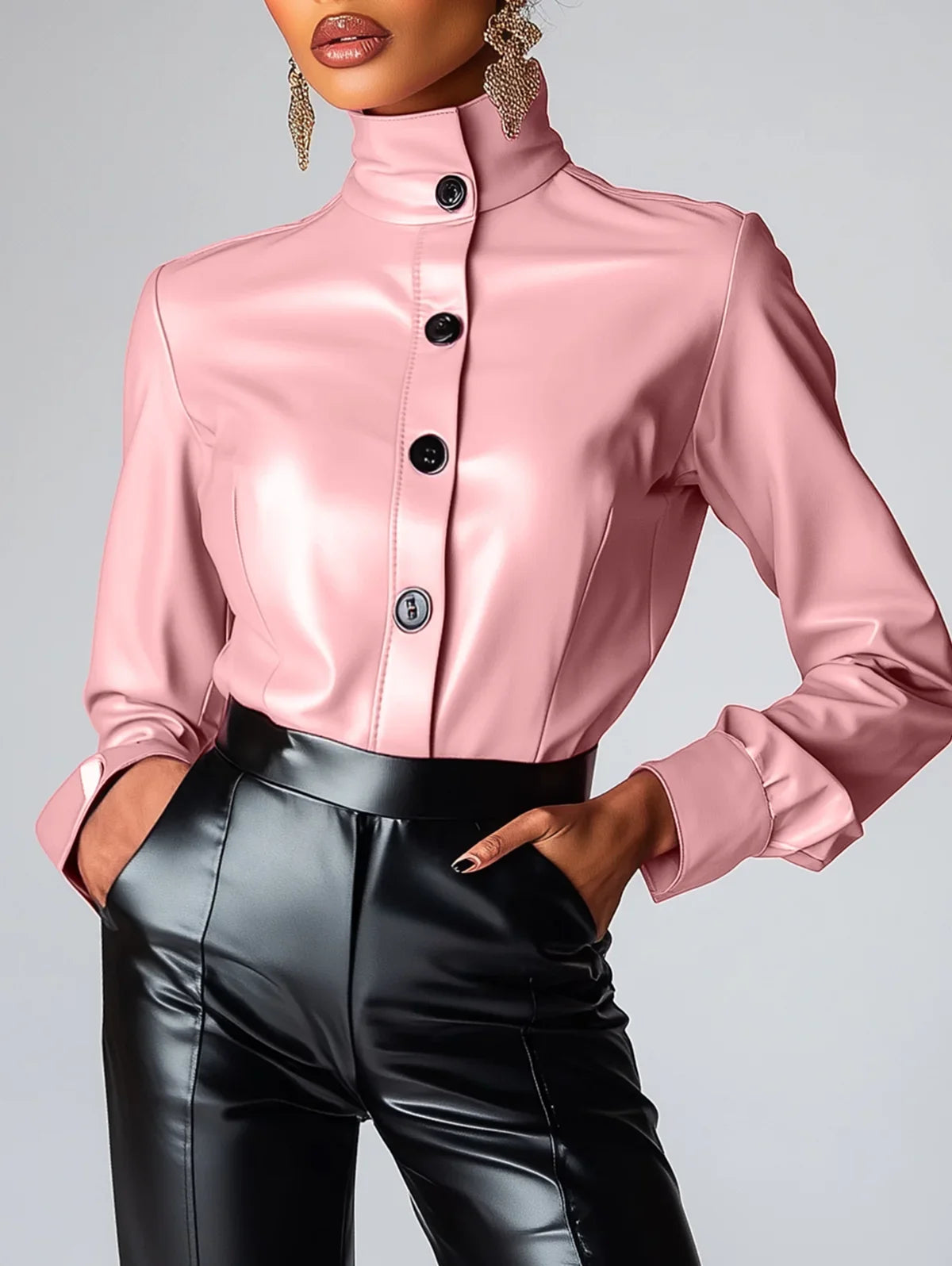 ASHBURN™ Femme High Neck PU Leather Blouse – Command Cut