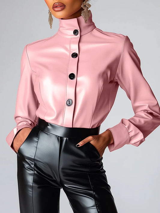 ASHBURN™ Femme High Neck PU Leather Blouse – Command Cut