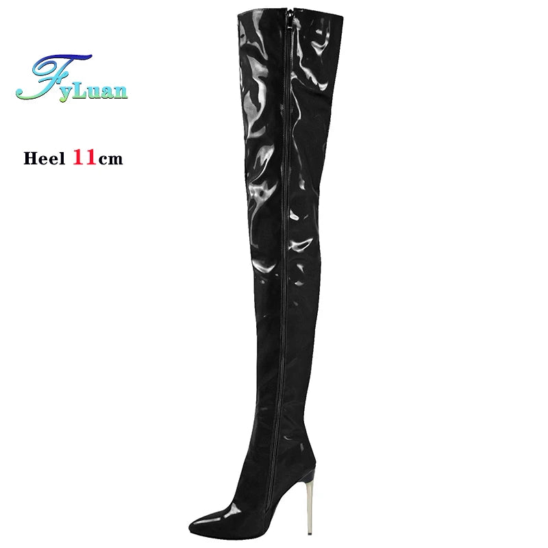 Size 35-48 Over-the-Knee Boots For Woman Patent Leather Nightclub Long Shoes 11CM Women Thigh Boots Stripper Heels Botas Mujer