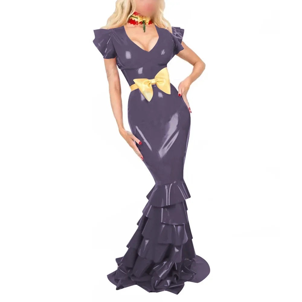 Plus Size Sexy V Neck Hobble Dress Vestido PVC Leather Short Sleeve Slim Ruffled Design Bodycon Maxi Dress Banquet Venue Gown