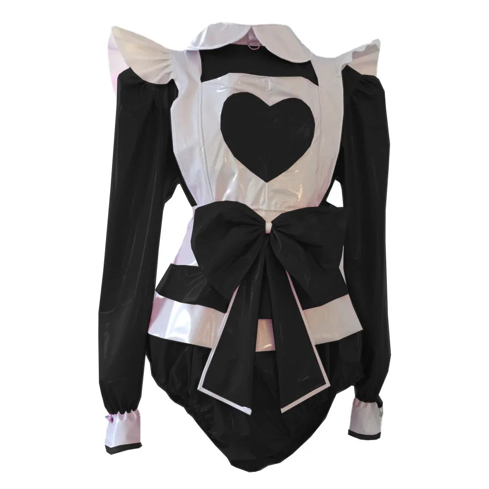 Long Sleeve heart Rompers Maid style with Big Bow Apron Spandex PVC Leather Cosplay Suits