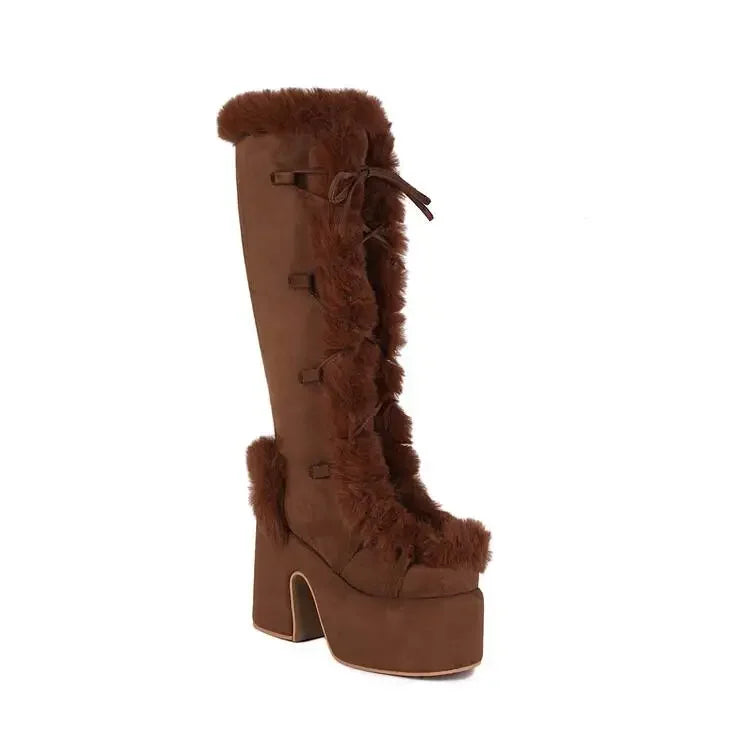 Winter Big Size 43 y2k White Punk Style Women's Faux Fur Chunky Platform Boots Gothic Black Block High Heels Shoes