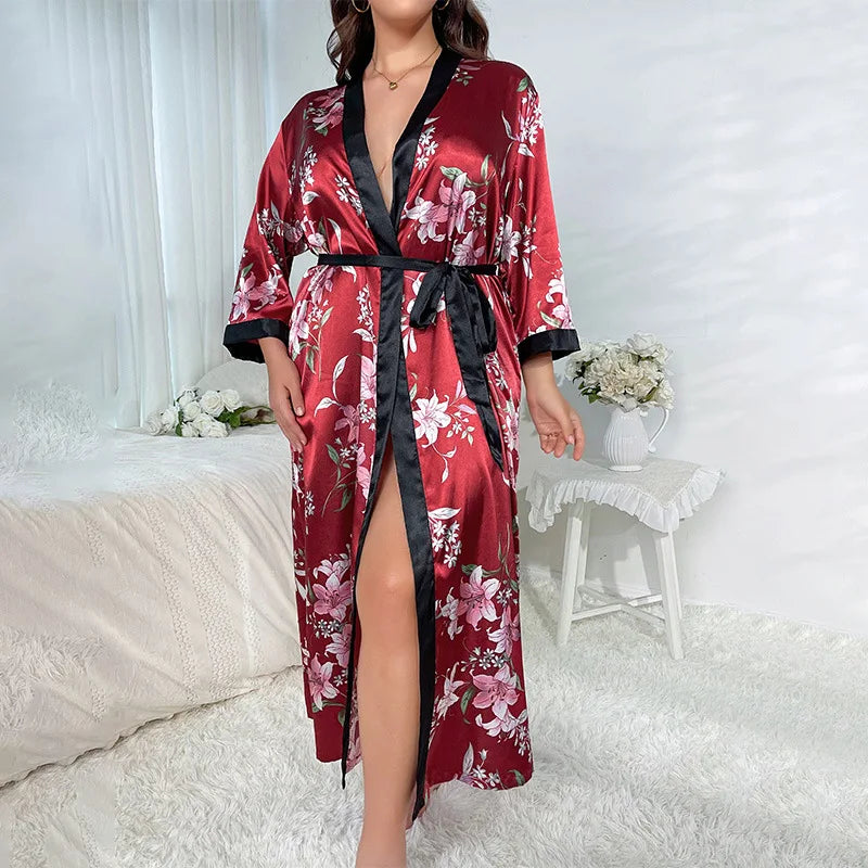 Plus Size Sexy Leopard Kimono Bathrobe Gown Female Long Robe Nightgown Sleepwear Loose Satin Home Dress Lounge Wear 3XL 4XL 5XL