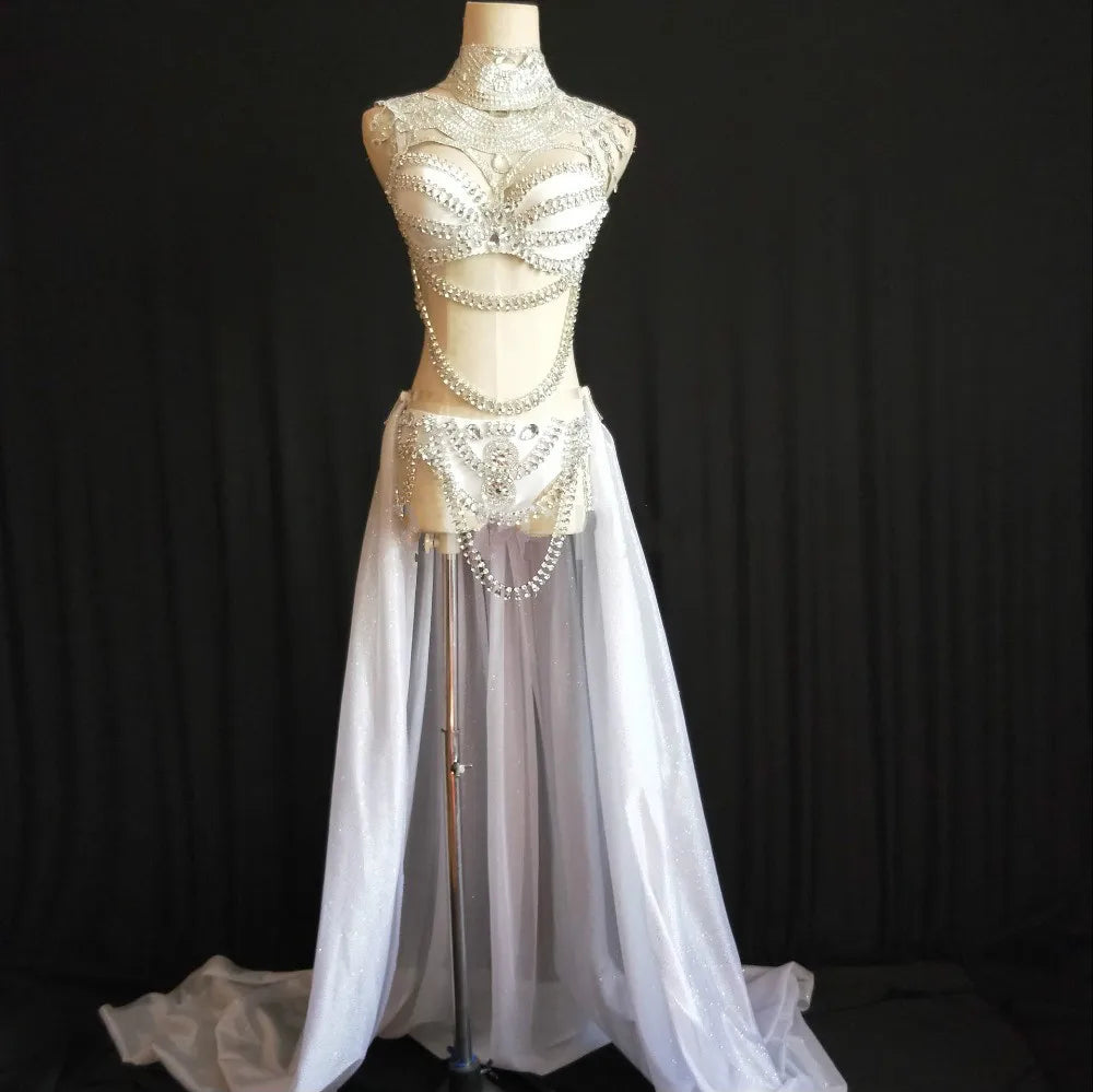Taylor Swift Show Girl Replica Costume Women's White Gold Rhinestones Bikini Long Trailing Skirt Set Singer Host Stage Outfit Model Catwalk Performance Costume