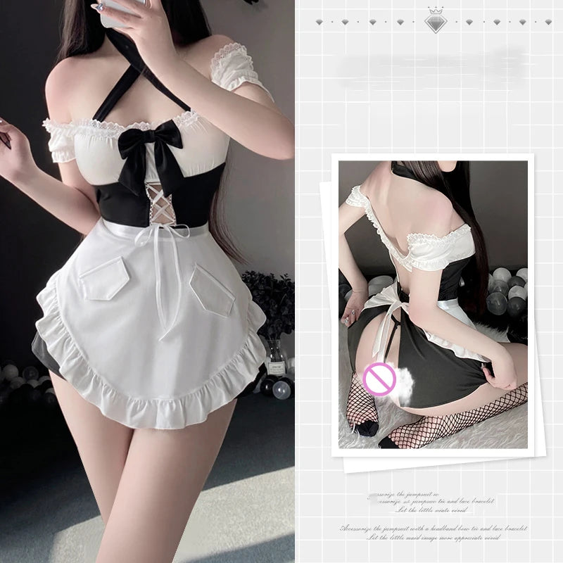 Women's Sexy Backless Lingerie Dress Maid Cosplay Uniform Underwear Costume Hot Babydoll Erotic Role Play Miniskirt Outfit Set