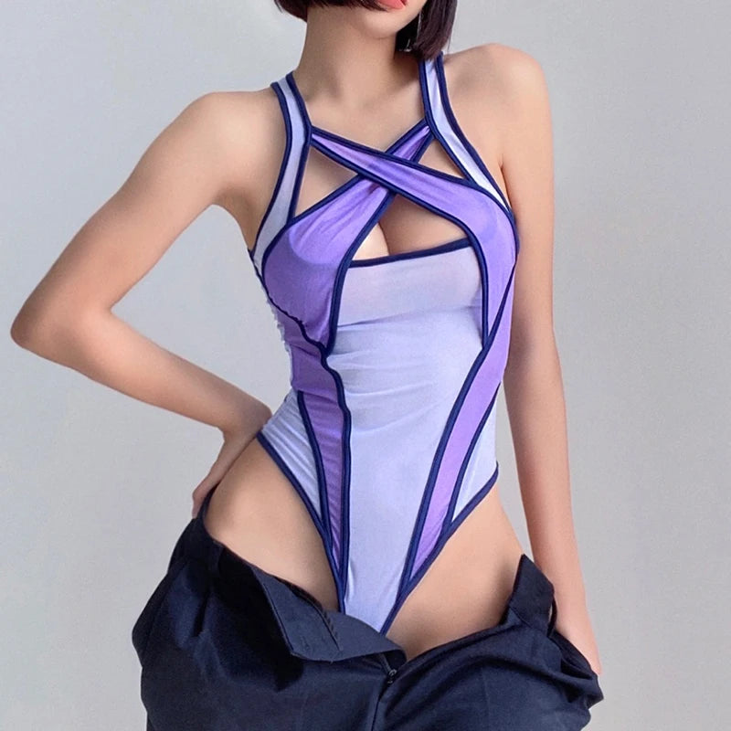 Toucheart 2-Piece Interesting Underwear Sexy Women's Mesh See-through Contrast Color Halterneck Jumpsuit Sexy Underwear Suit New