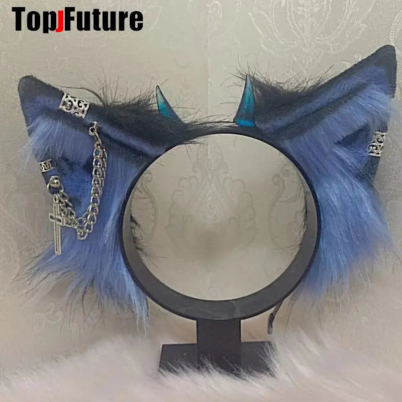 Harajuku Halloween Gothic Punk Lolita Devil's Horn Wolf Ear Demon Cosplay Handcraft Anime Party Costume Hairband headband