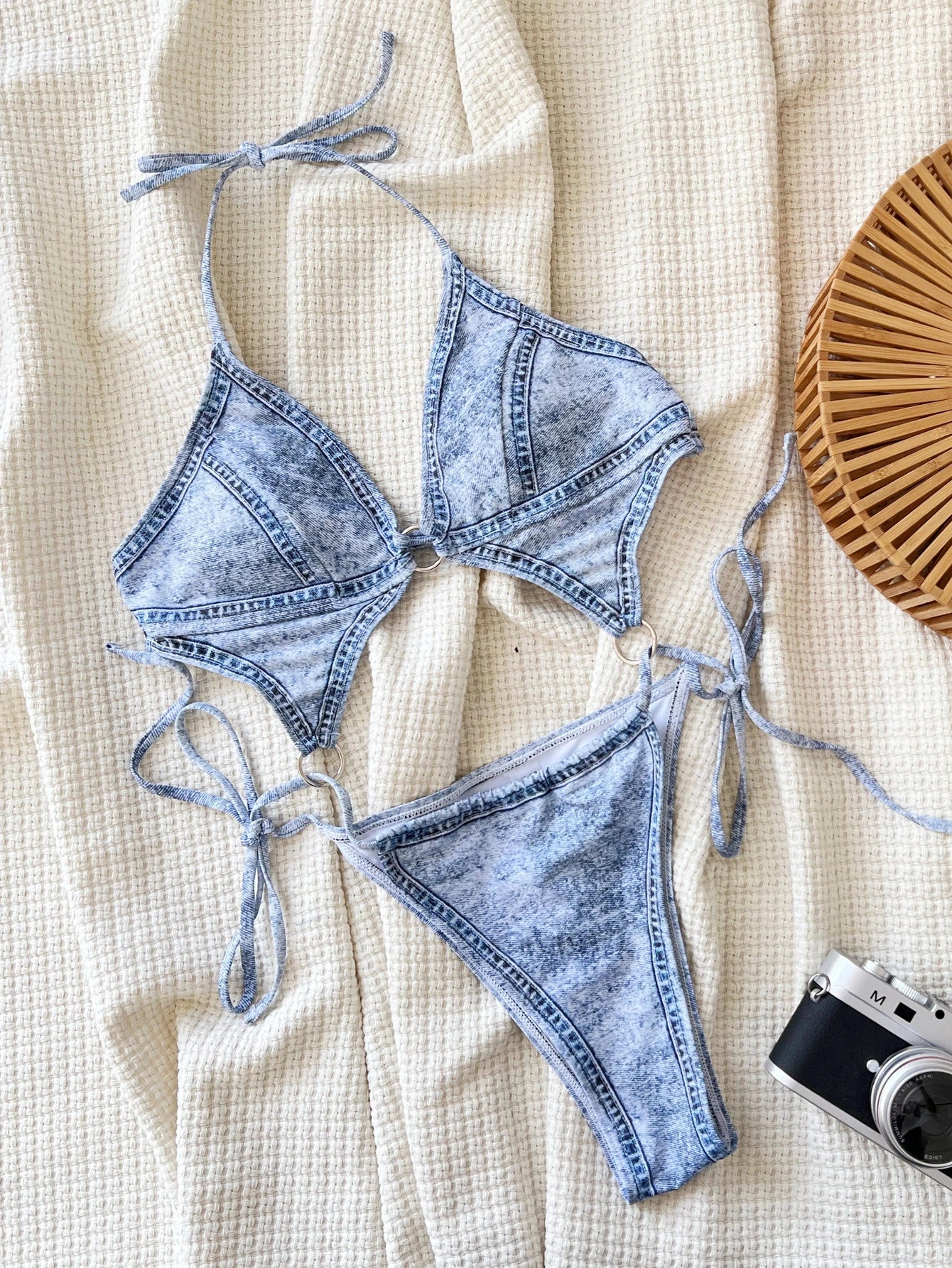 New One Piece Swimsuit Jeans Print Monokini Adjustable Bodysuit Women Bikini Bandage Swimwear Summer Beachwear Feminine Halter