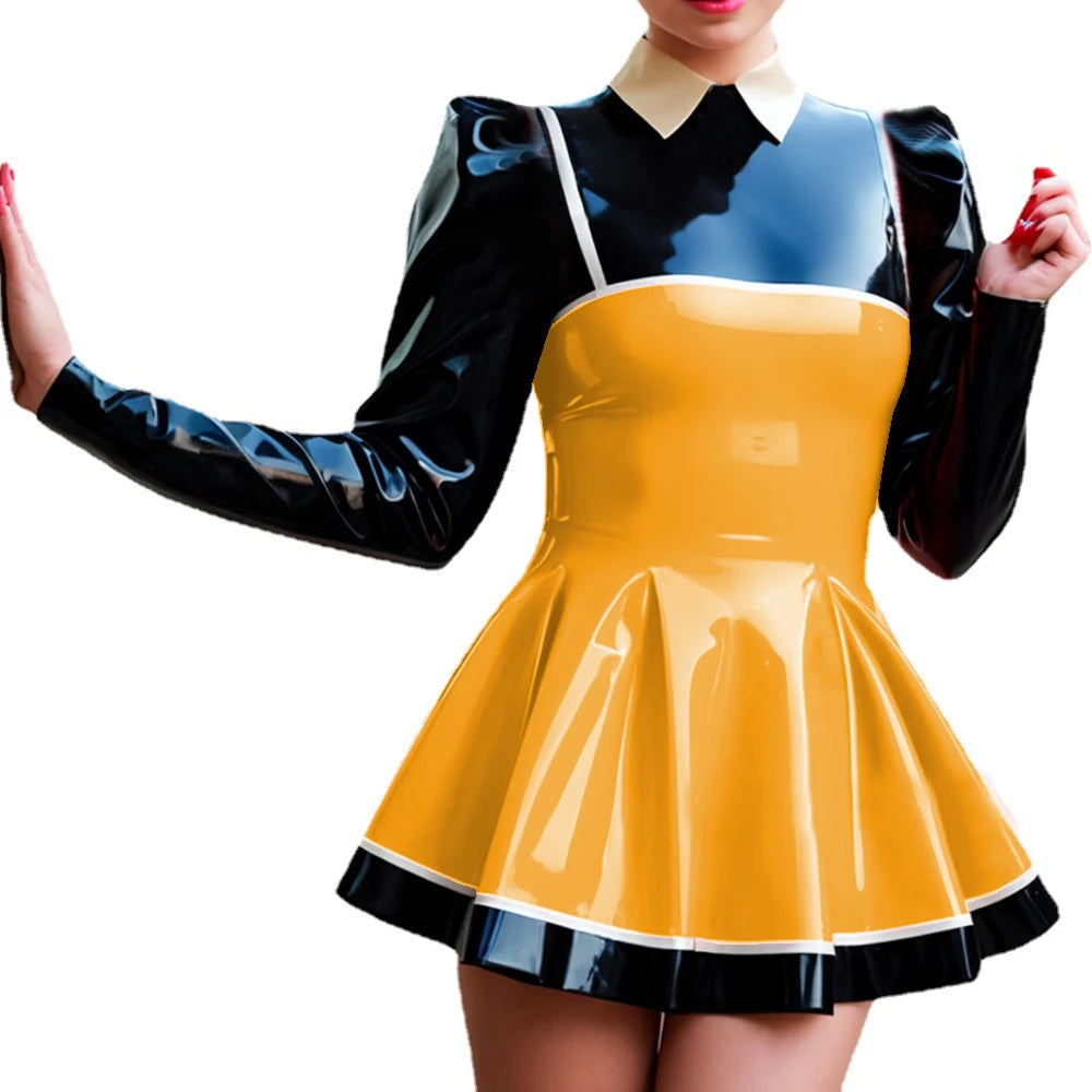 Wetlook-Glossy PVC Patchwork Mini Dress, Lapel Neck, Puff Sleeve, A-line Dress, Faux Latex, Long Sleeve, High Street, Party Club