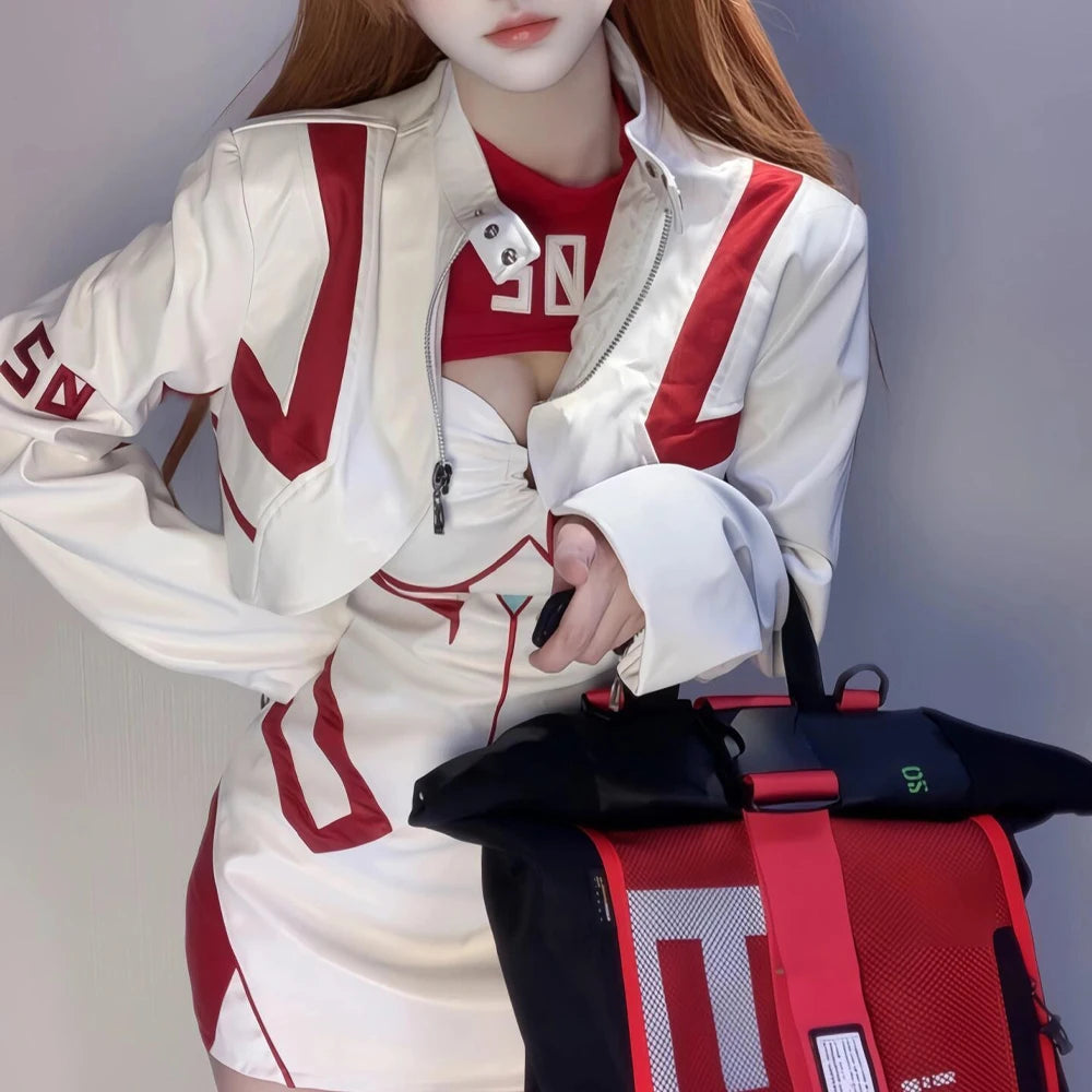 Ayanami Rei White Leather Motorcycle Uniform Asuka Langley Soryu Cosplay Costume Women  Anime Cosplay Leather Coat and Dress