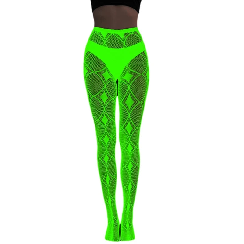 Women Glow in Dark Halloween Fishnet Pantyhose Luminously Spiderweb Skull Pattern Mesh Tights Stockings Party Hosiery