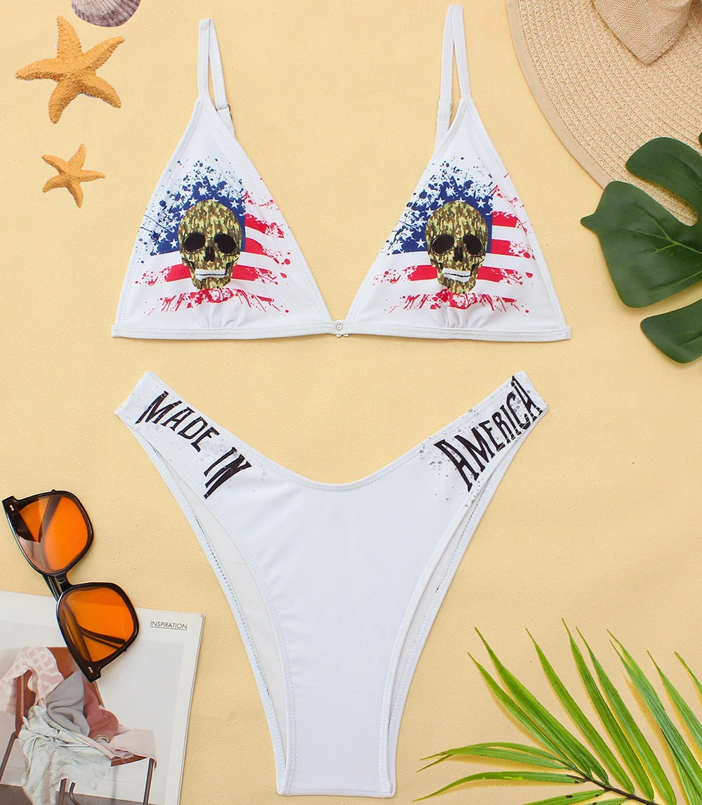 Gothic Bikini 2025 Women Skull Cross Print Bra Thong Swimsuit Split Bathing Suit Underwear Y2K Bikinis Swimwear