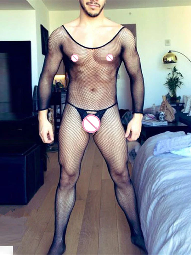 Fishnet Man Body Stockings Fetish Lingerie Sissy Bodysuist Sexy Men's Nightwear Male Fishnet Underwear Guy Erotic Club Wear