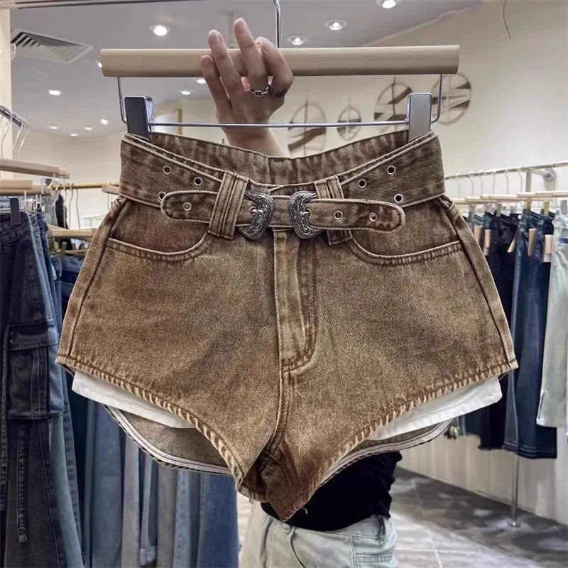 Retro Brown Shorts with A Cut Waistband High Waist Personalized Fashion Wide Leg Hot Pants Shorts Women
