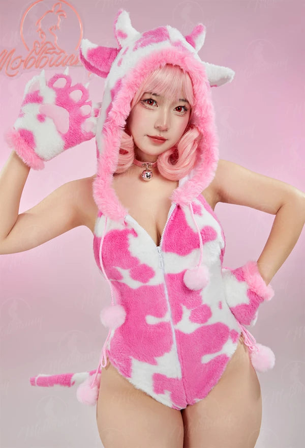 Mobbunny Women Christmas Lingerie Plush Bodysuit Cow Print Paw Cosplay Costume Hooded  Romper with Paw Gloves and Thigh Socks