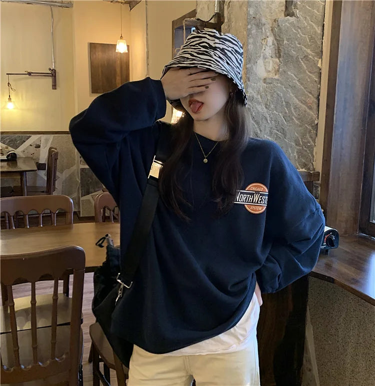 Autumn Thin Pullovers Casual Sweatshirt 2024 Women Loose Round Neck Sweatshirt Vintage Long Sleeve Printed Sweatshirt