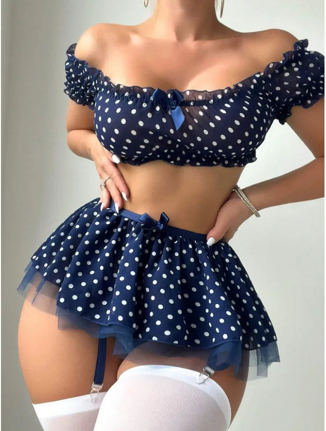 Toucheart Sexy Lingerie Suit For Women Bow Knot Mesh Patchwork Polka Dot Off-shoulder Polka Skirt Sexy Exposed Navel Underwear