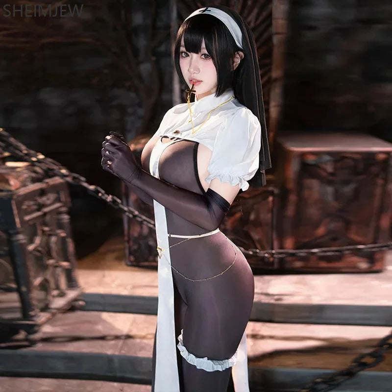 Women Sexy Nun Cosplay Costume Halloween Adult See-through Maid Open Crotch Jumpsuit With Veil Carnival Party Nightclub Bar Suit