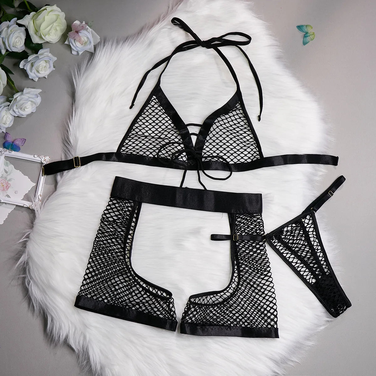 Bikini Fashion Sexy Lingerie Mesh See-through Sexy Soft Women's Three-Piece Suit