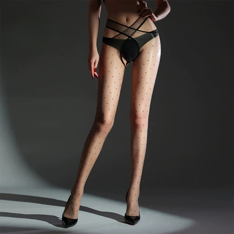 ASHBURN™ 1D Glossy Cross Thigh High Stockings – Ultra Thin, Four-Side Open Crotch Tights