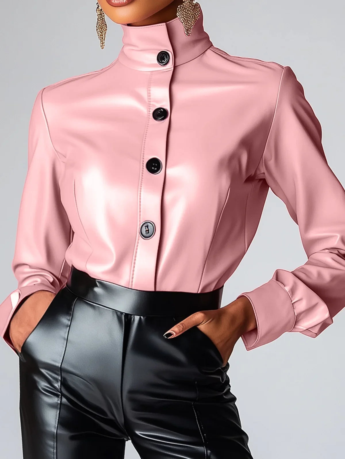 ASHBURN™ Femme High Neck PU Leather Blouse – Command Cut