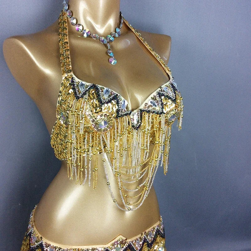 Sexy Belly Dance Costume Set Bra + Belt 2 Piece Set Belly Dancing Costume for Women's 34D/DD,36D/DD,38/D/DDD,40B/C/D,42D/DD