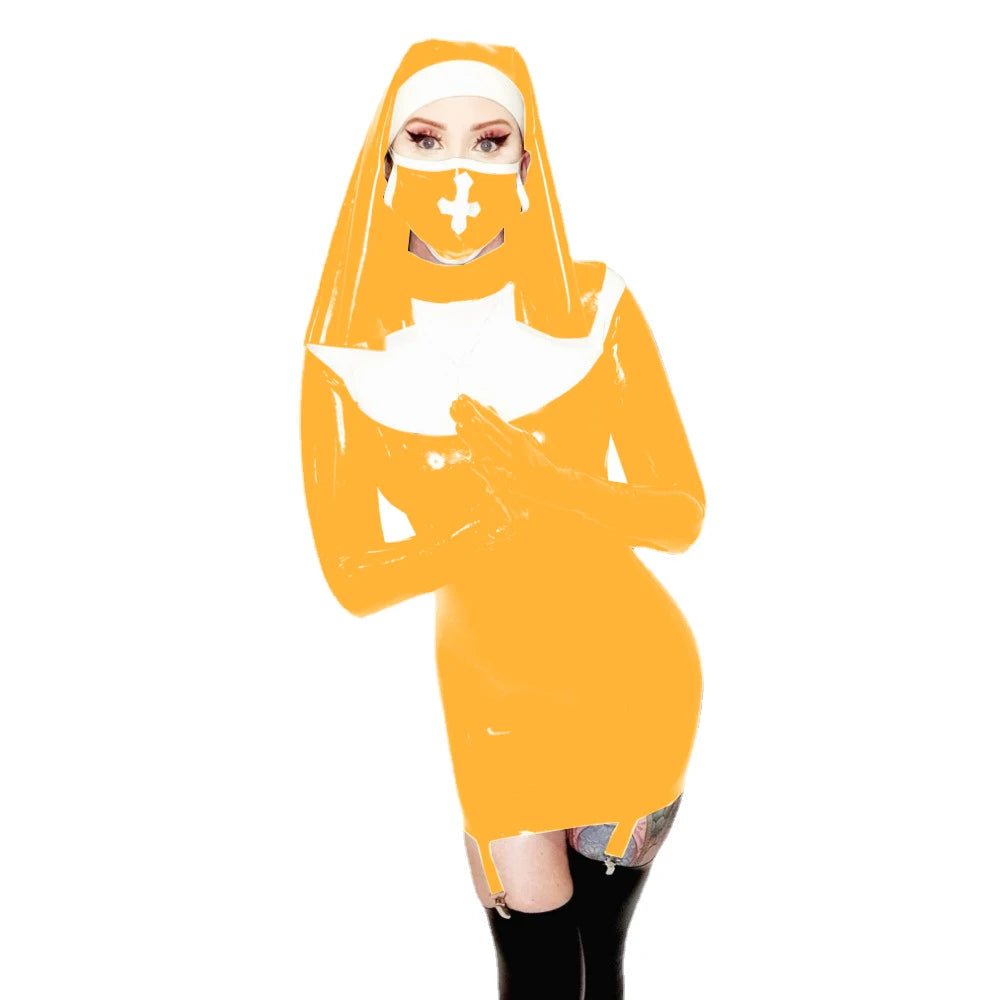 Sexy Nun Cosplay Long Sleeve Bodycon Mini Garter Dress Vinyl PVC Leather High Neck Nun Dress Outfit Halloween Nun Uniform Suit