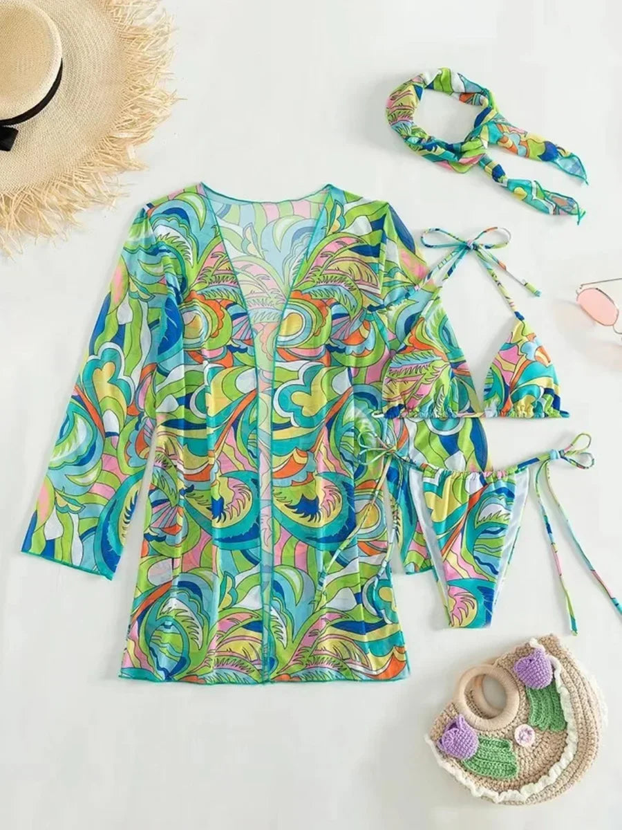 4 PCS Printed With Cover Up Hairband Bikini