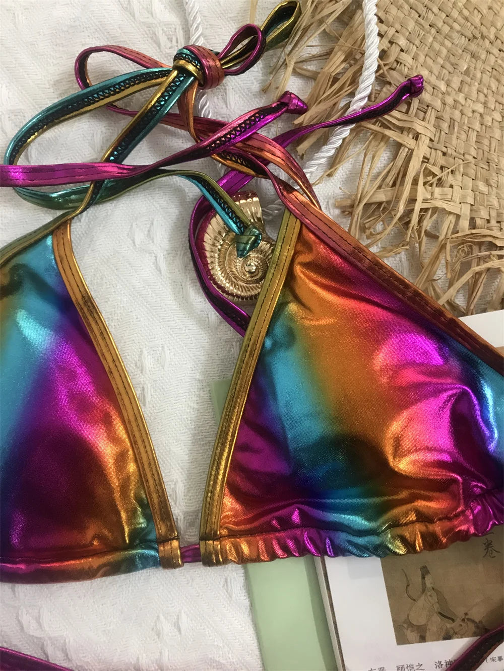 Melphieer 2024 Fashion Gold Shiny Beach Bikini Scrunch Butt Bather Bikinis Woman Swimwear Bathing Suit Beachwear S~XL E1248