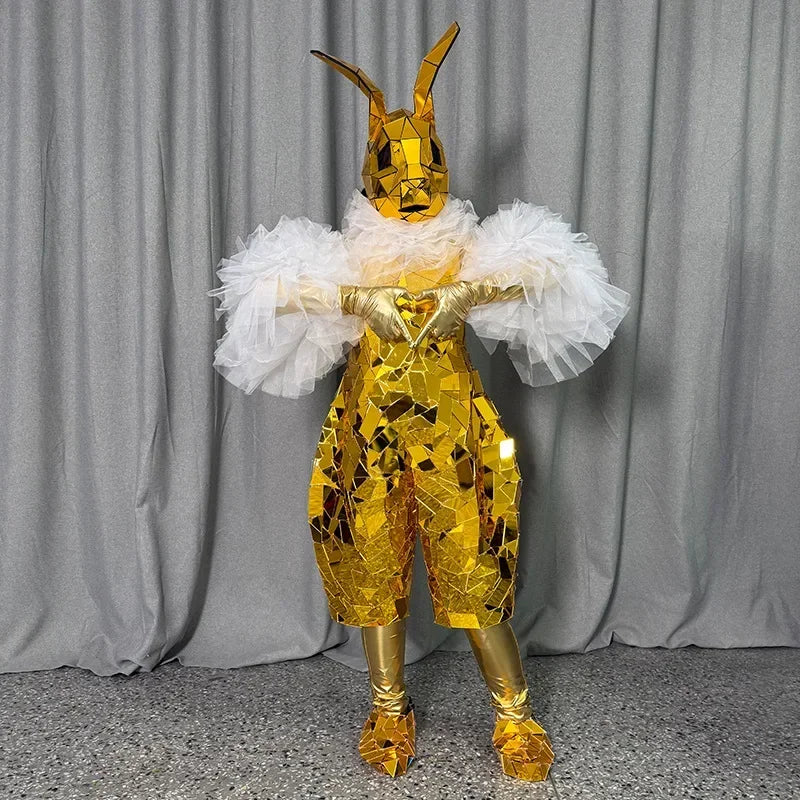 Gold Mirror Cosplay Surface Costume Adult Women Easter Festival Parade Party Outfit Rabbit Mascot Bunny Carnival Jumpsuit Men DJ