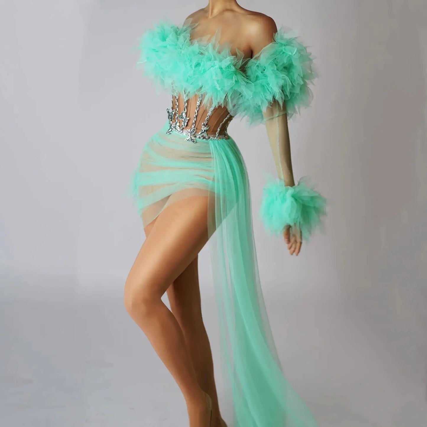 ASHBURN™ PLUME AFFAIR: Multi-Color Feathered Corset Gown with Side Drape