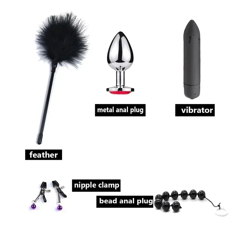 ASHBURN Bdsm 10 Speeds Vibrator Bondage Set Metal Sex Toys for Women Men Handcuffs Sex Nipple Clamps Whip Spanking Rope