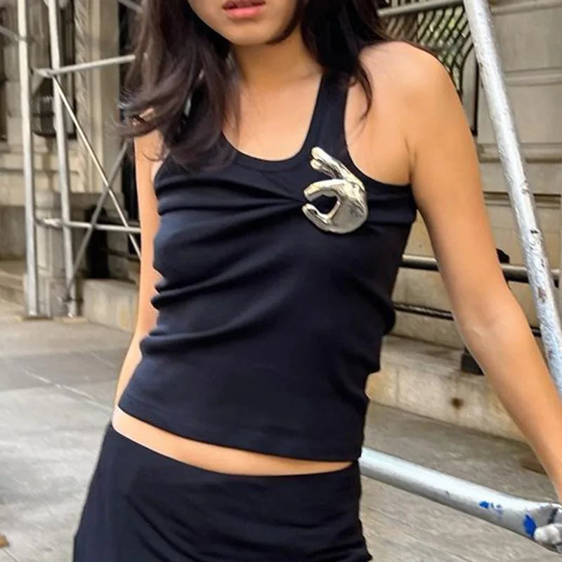 Women's Personalized Fashion Personalized Shrink Tank Top Sexy Solid Color OK Pattern Tank Top