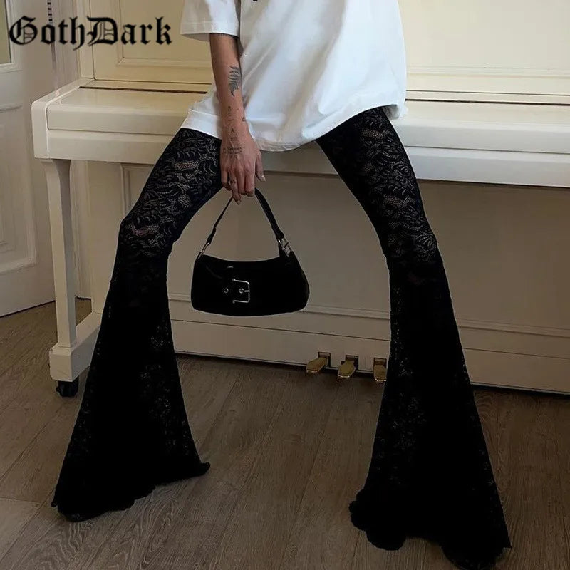 Goth Dark Lace Perspective Flare Pants Mall Goth High Waist Full Length Pant Casual Streetwear Hot Sexy Sheer Trousers 2025 New
