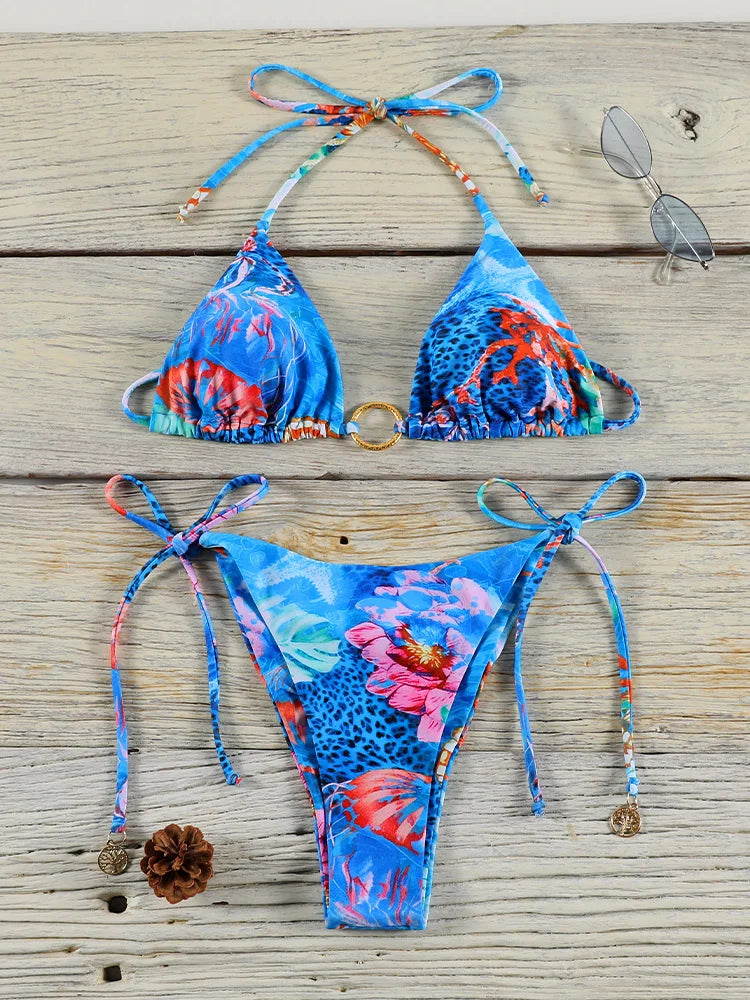 Rinabe Printed Bikini Set Triangle Bikinis Low Waist Swimsuit For Women Micro Thongs Bathing Suits 2025 Biquini Summer Beachwear