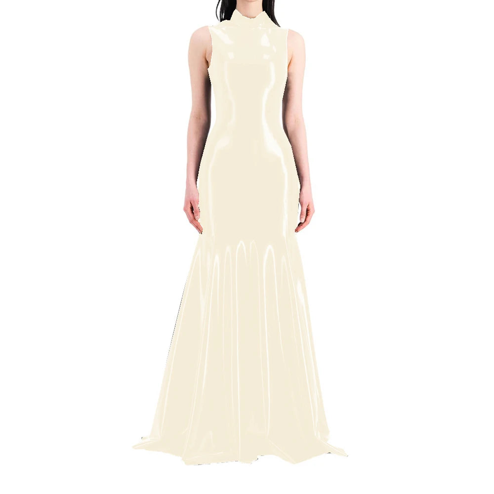 Women's Sleeveless Half High Neck Wet Look PVC Maxi Dress, Faux Latex Mermaid Floor-Length Dress, Party Club Fetish Outfit,