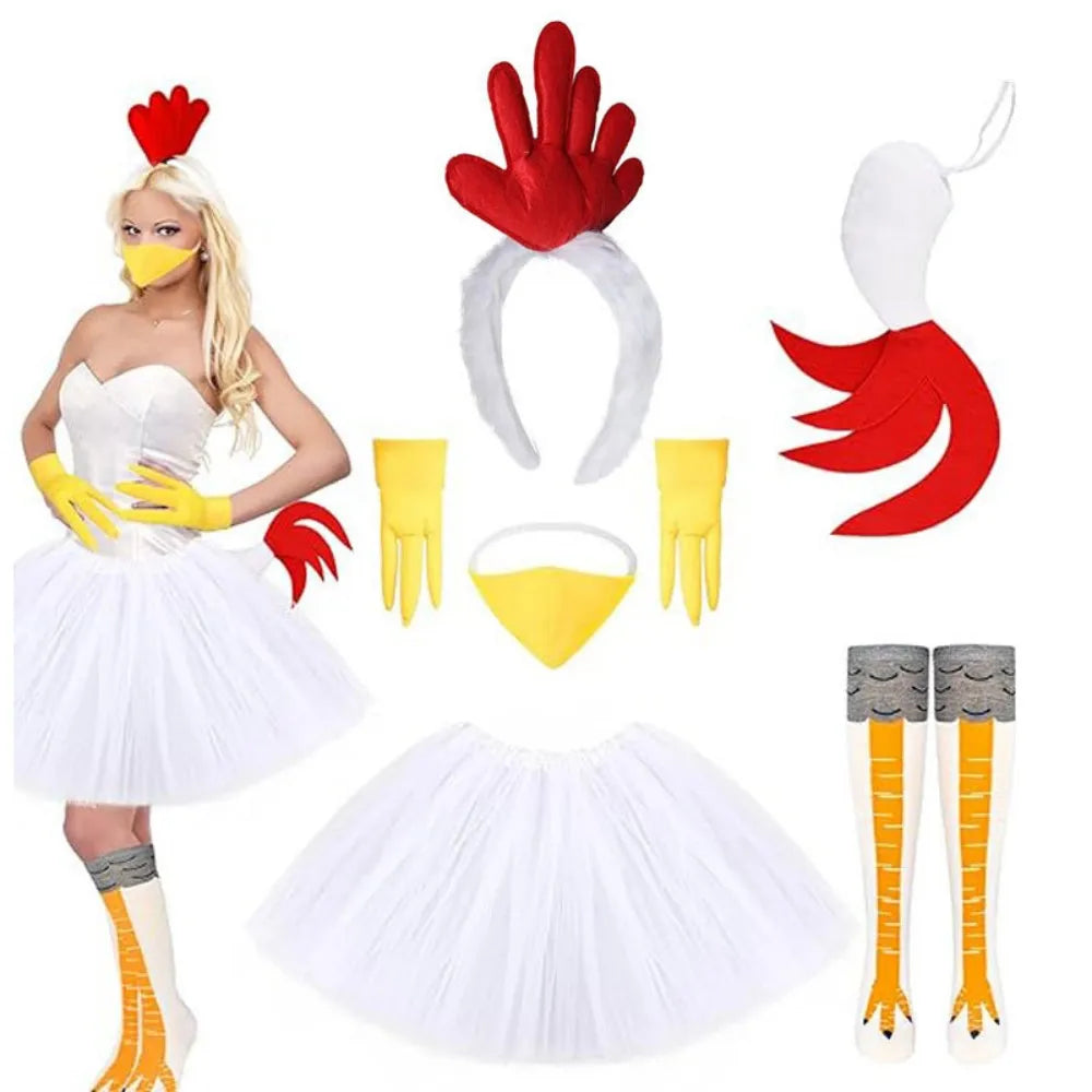 Chicken Costume Set Chicken Headband Tail Nose Gloves Tutu Skirt Socks for Women Halloween Rooster Dress up Thanksgiving Outfit