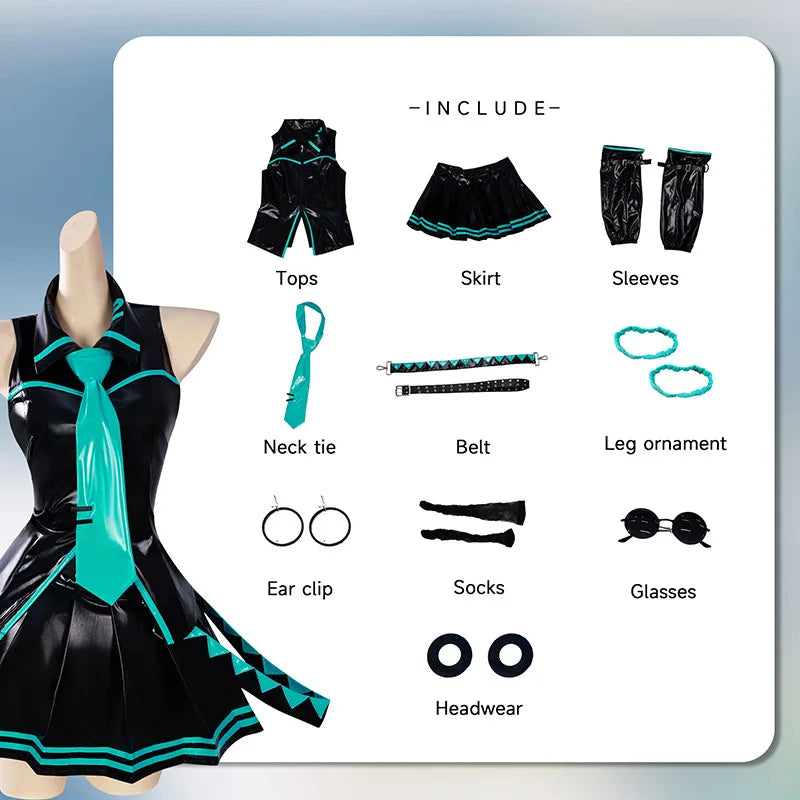 Black Green Leather Miku Cosplay Costume Wig Patent Leather Latex Women Girl Uniform Dress Anime Halloween Carnival Party Outfit