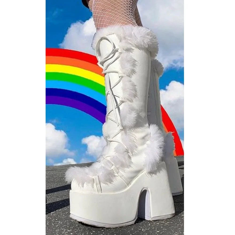 Winter Big Size 43 y2k White Punk Style Women's Faux Fur Chunky Platform Boots Gothic Black Block High Heels Shoes