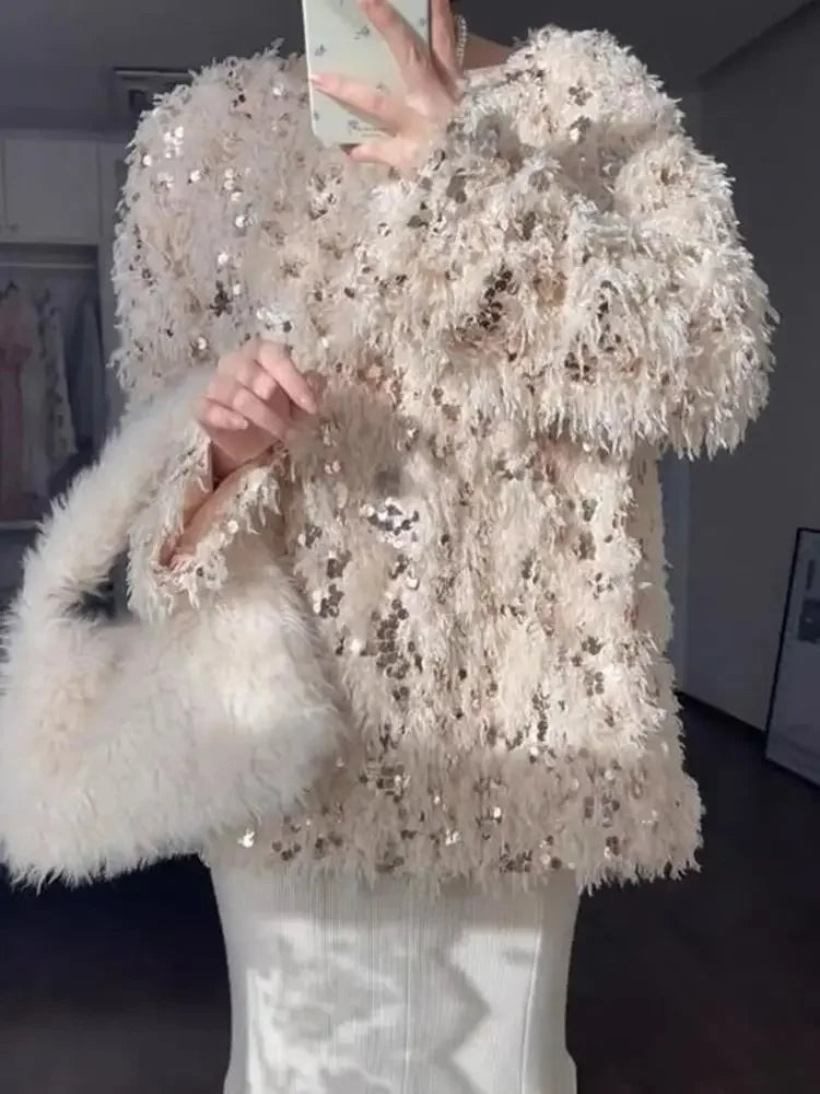 Long Sleeve Top Oversized Sweater Sueter Mujer Y2k Clothes  Pullover Heavy Industry Feather Sequin Sweaters Women New