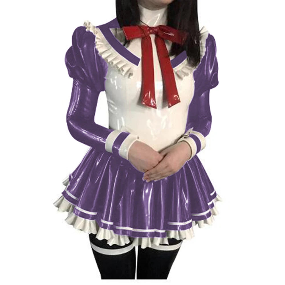 Cosplay Custom Mini Dress Sexy Faux Latex French Maid Club Dresses Long Puffs Sleeves Ruffles PVC Uniform Outfit Clubwear