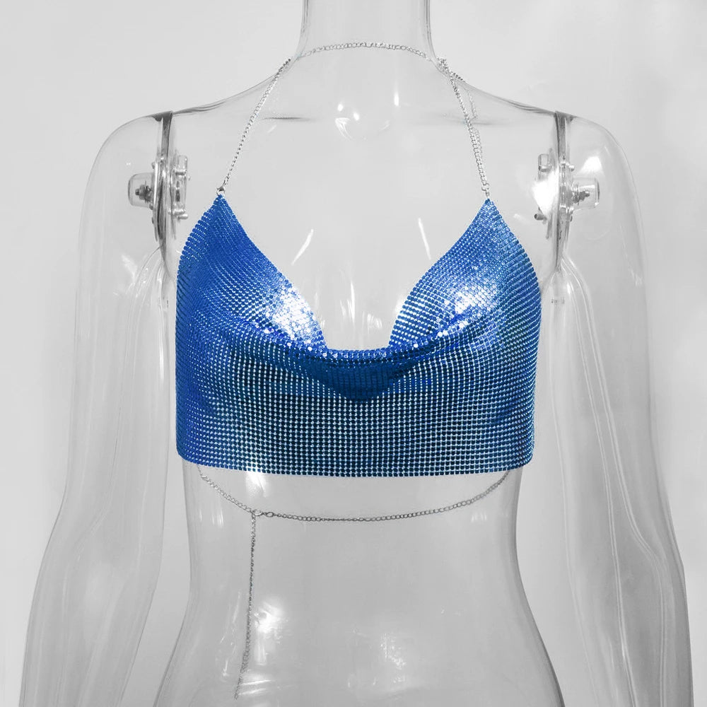 Sexy Metal Metallic Crop Top Women Beach Halter Corset Tops Glitter Backless Party Club Tank Top Clothes Top Camisole Croppe