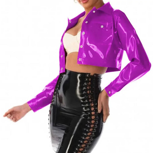 Womens Long Sleeve Cropped Coat Clubwear Jackets Shiny PVC Leather