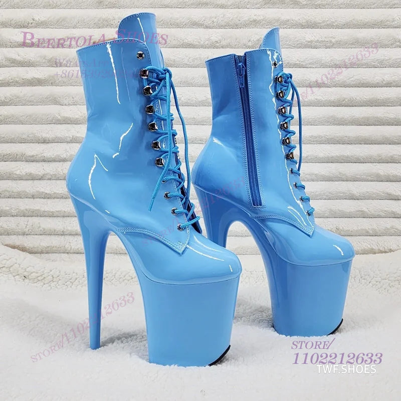 Sky Blue Light Platform Lace Up Calf Boots Women Pole Dancing 6/7/8 Inches Custom Color Round Sexy Booties Stiletto Party Shoes