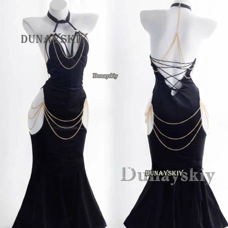 Anime Overlord Albedo Cosplay Costumes Glove Dress Wrapped Hip Open Crotch Fish Tail Skirt Black Mermaid Halloween Lute
